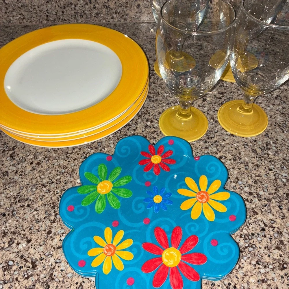Crate&Barrel Blue and Yellow Floral Dinnerware Set